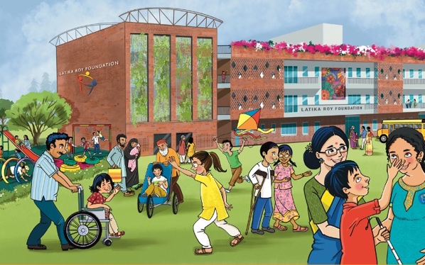 Illustration of the Latika Roy Foundation campus with disabled and non-disabled children playing together outside