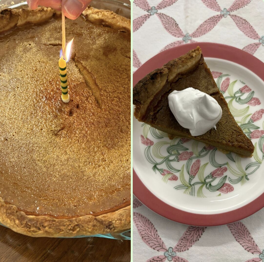 Side-by-side photos: a homemade pumpkin pie lit with a single birthday candle, and a slice topped with whipped cream