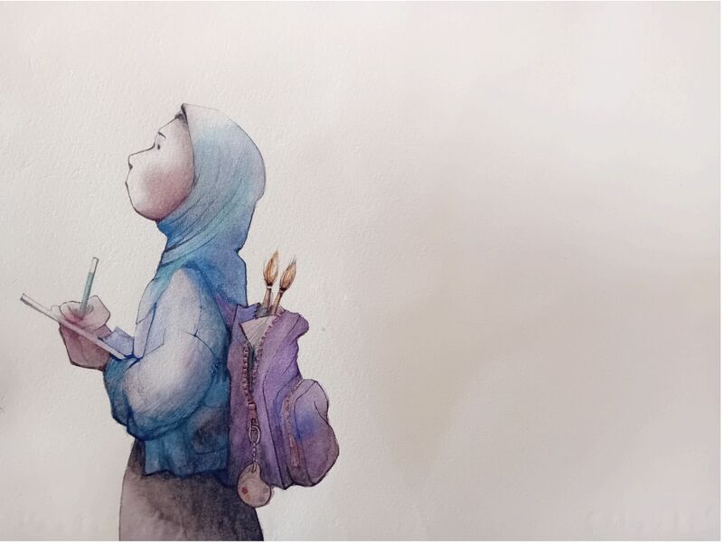 Watercolour by Catherine Lindow of a girl in a hijab with a paintbrush-filled backpack, gazing upward